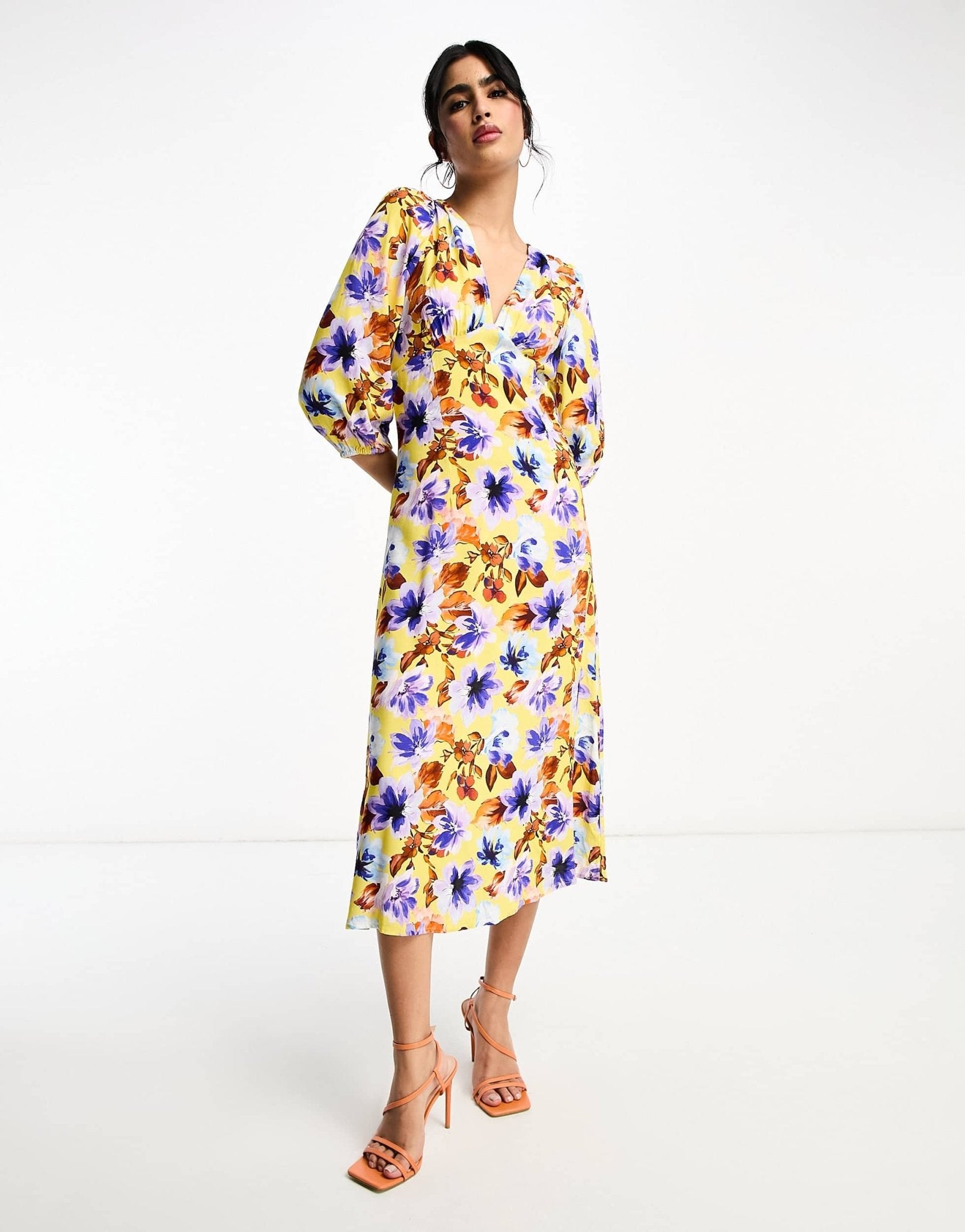 Y.A.S v neck midi dress in orange floral print - ASOS Sample Sale