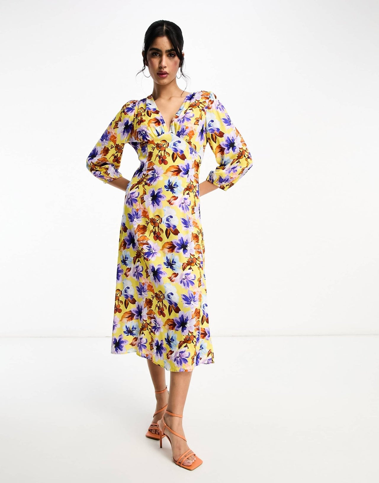 Y.A.S v neck midi dress in orange floral print - ASOS Sample Sale