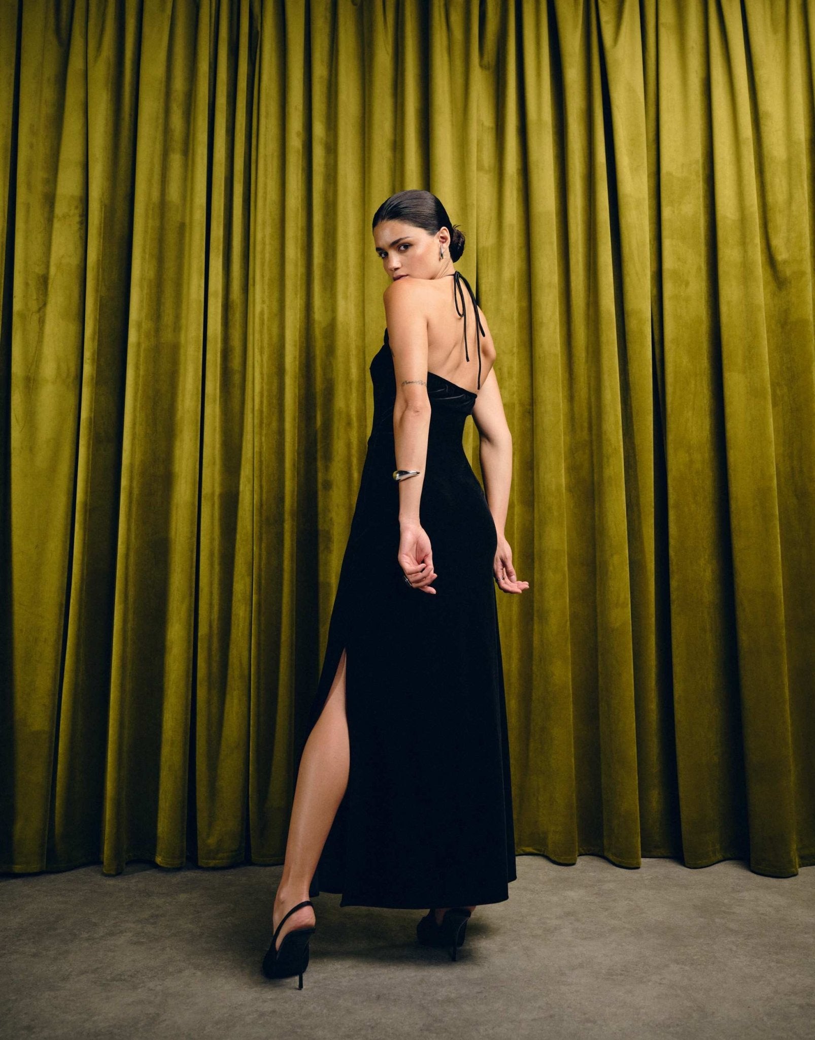 YAS velvet halterneck maxi dress with rosette in black - ASOS Sample Sale
