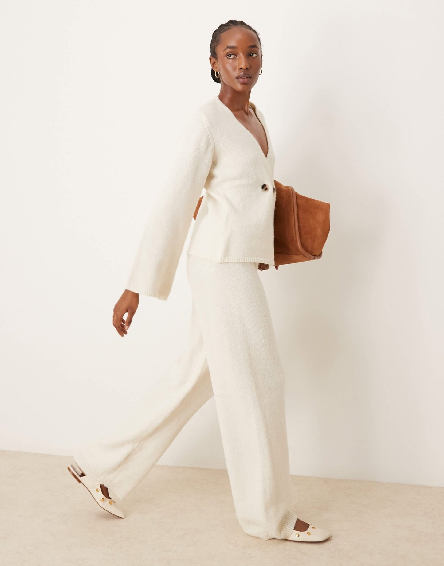YAS wide leg knitted trousers co - ord in birch - ASOS Sample Sale