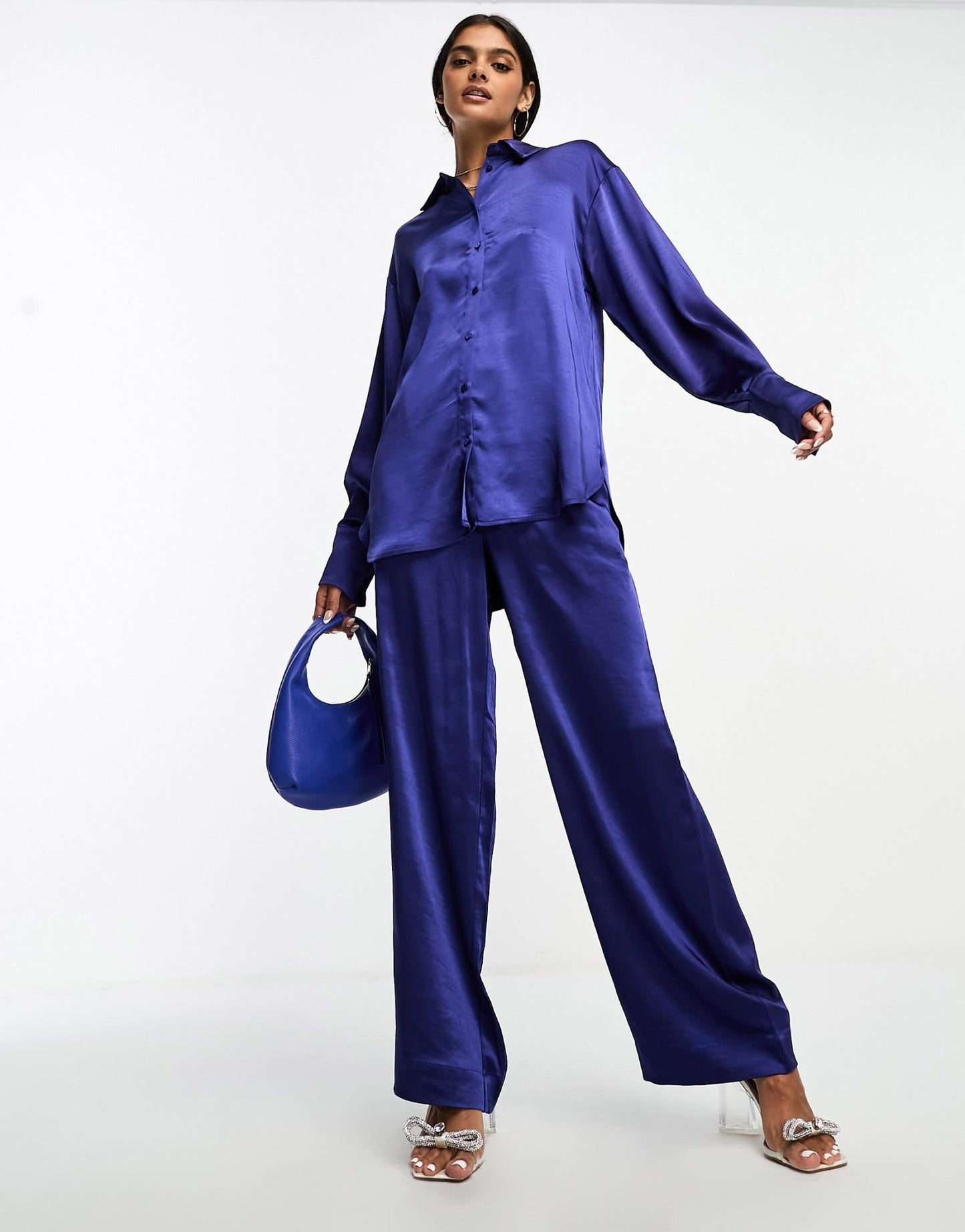 Y.A.S wide leg satin trouser co-ord in blue - ASOS Sample Sale