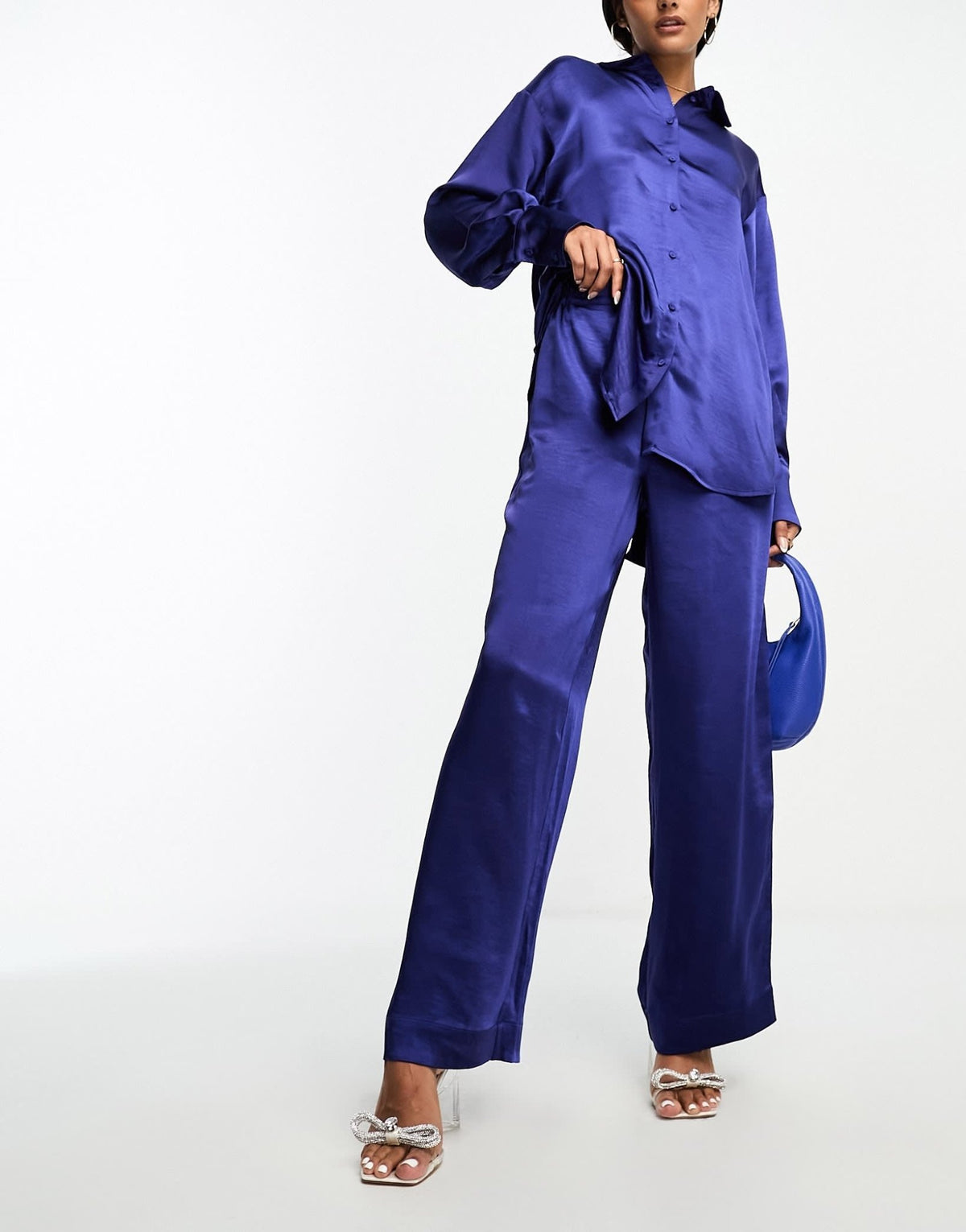 Y.A.S wide leg satin trouser co-ord in blue - ASOS Sample Sale