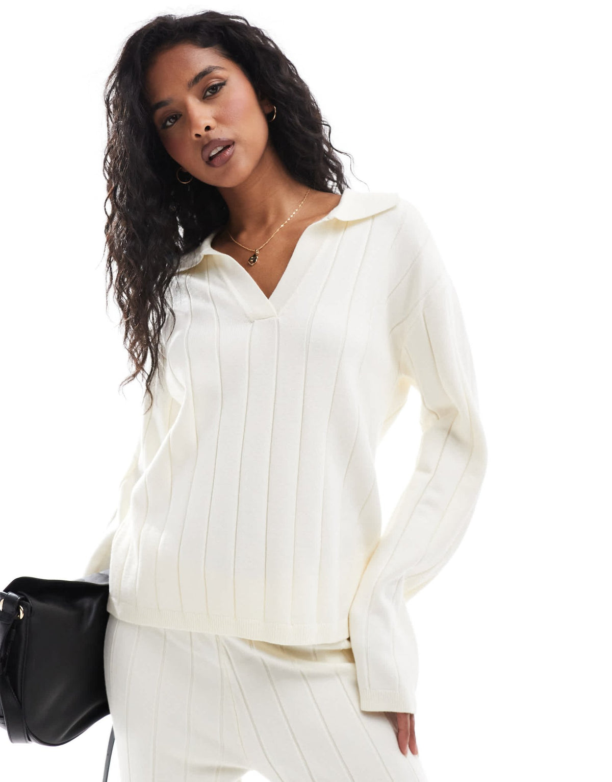 YAS wide rib knitted jumper co-ord with open polo neck in cream - CREAM - ASOS Sample Sale