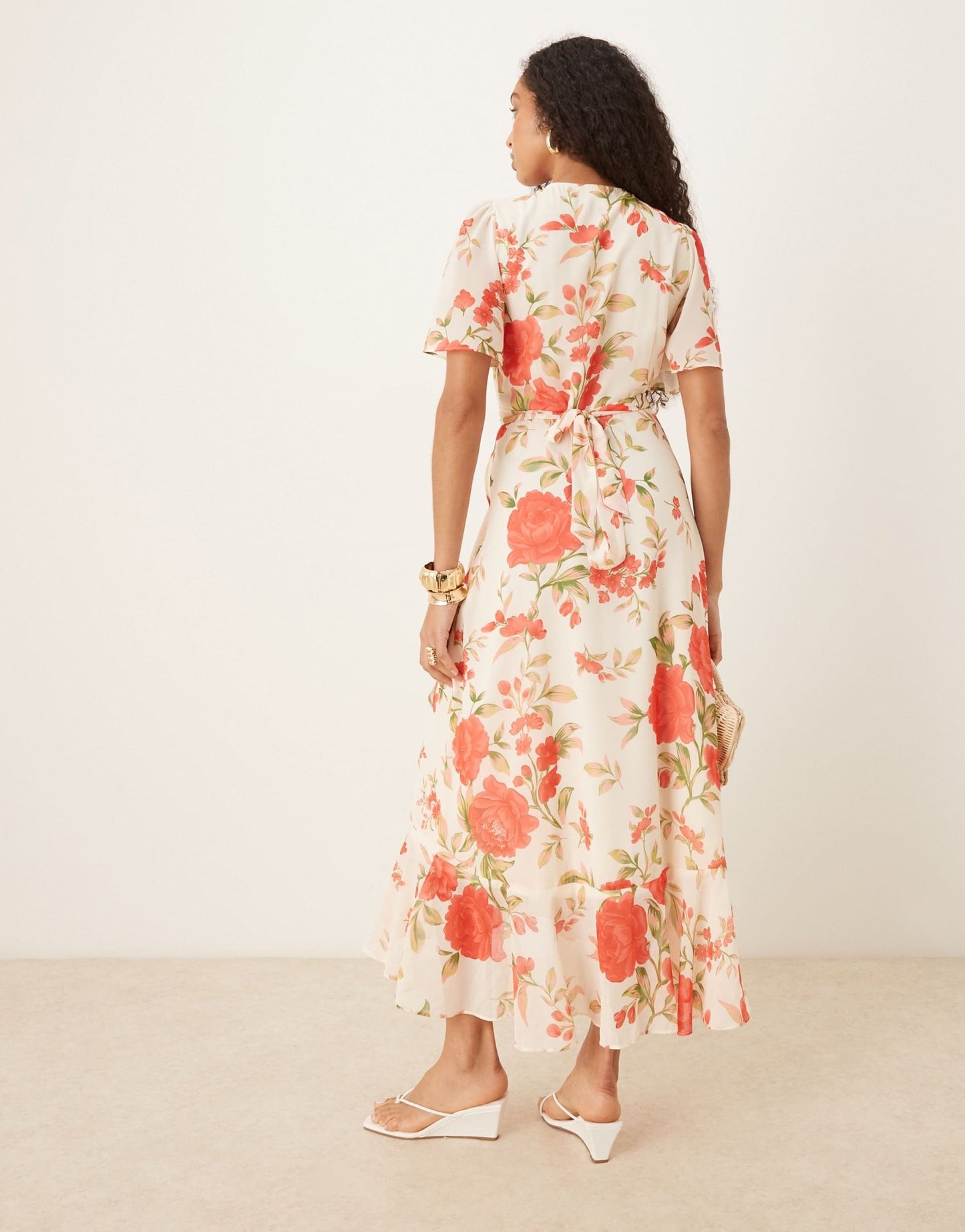 YAS wrap front fluted sleeve chiffon maxi dress in cream rose print - ASOS Sample Sale