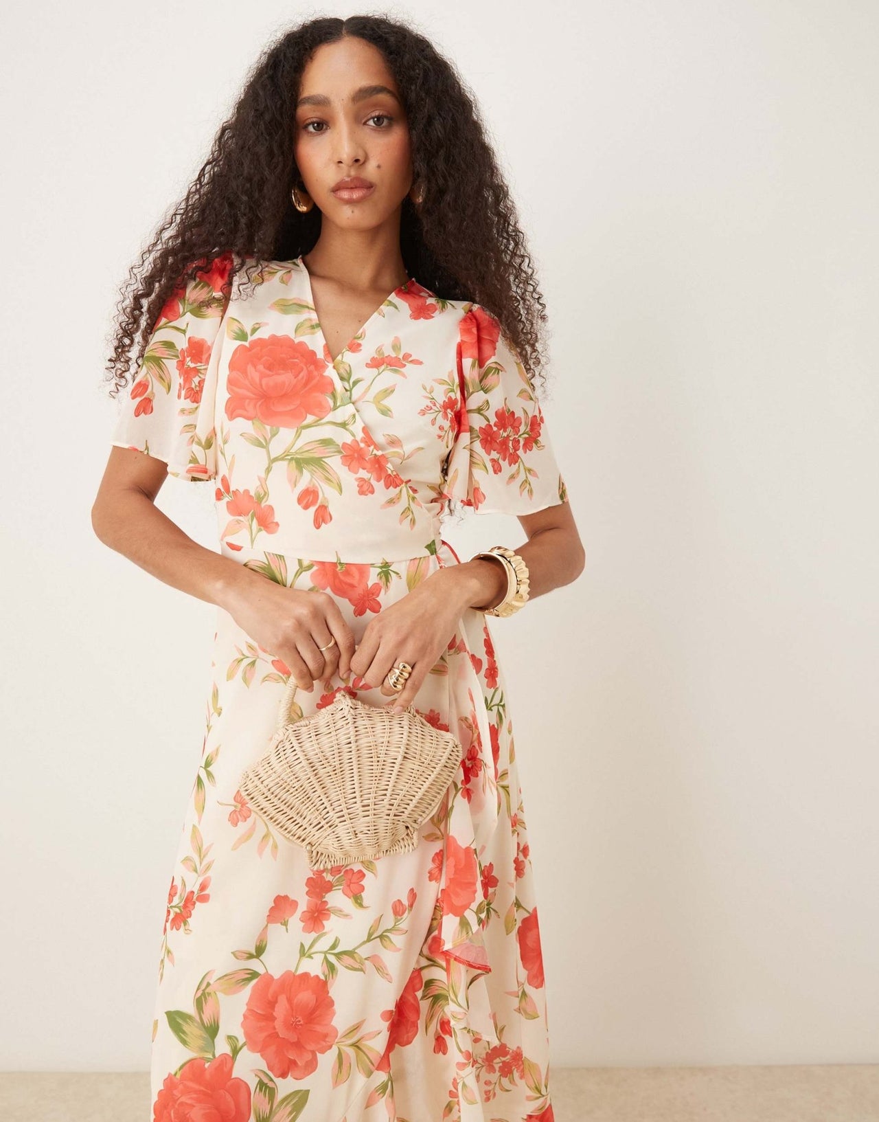 YAS wrap front fluted sleeve chiffon maxi dress in cream rose print - ASOS Sample Sale