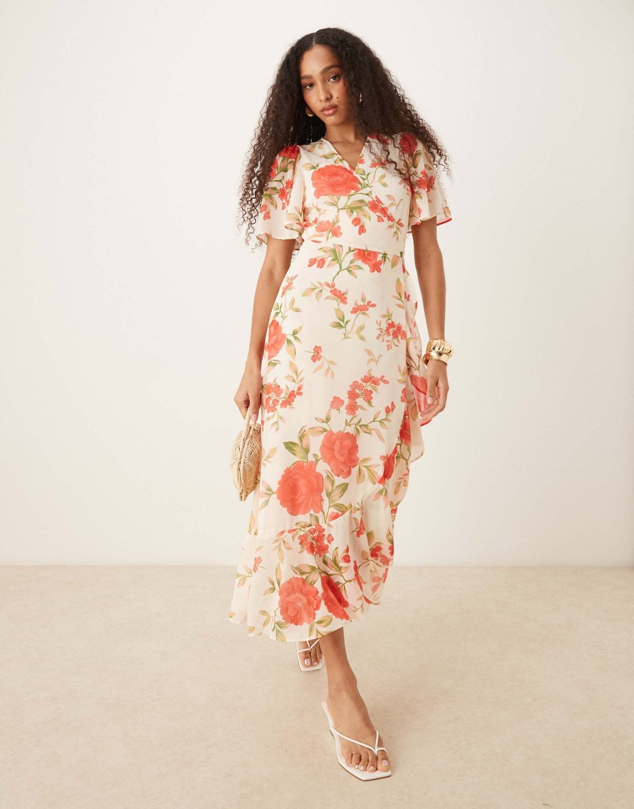 YAS wrap front fluted sleeve chiffon maxi dress in cream rose print - ASOS Sample Sale