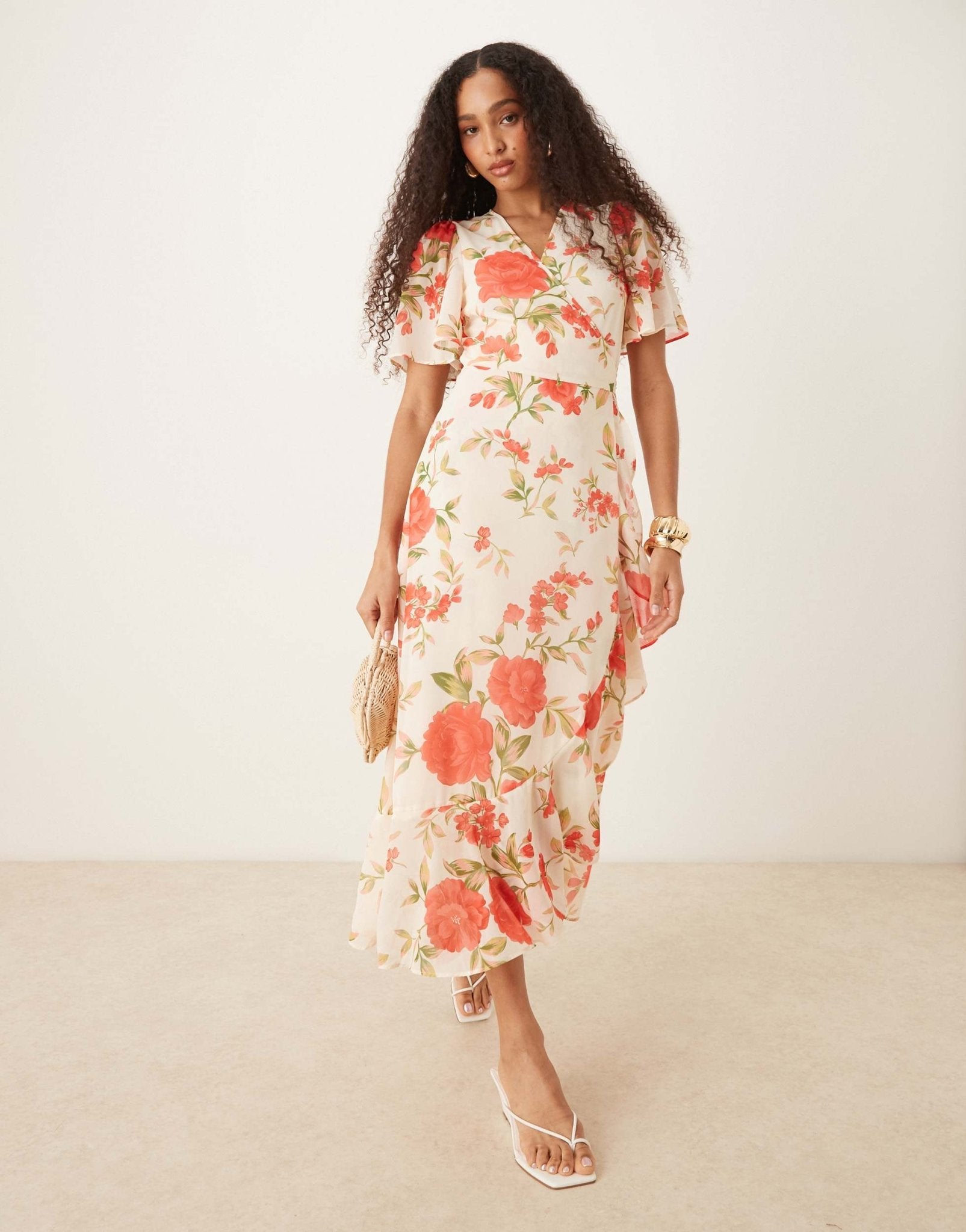 YAS wrap front fluted sleeve chiffon maxi dress in cream rose print - ASOS Sample Sale