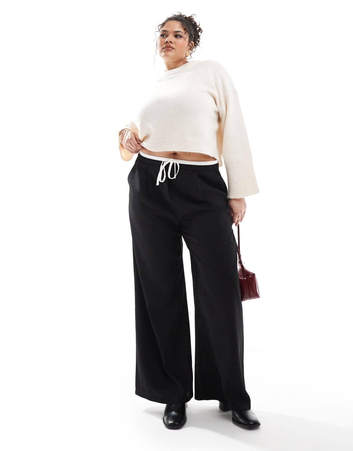 Yours contrast drawstring waist wide leg trousers in black - ASOS Sample Sale