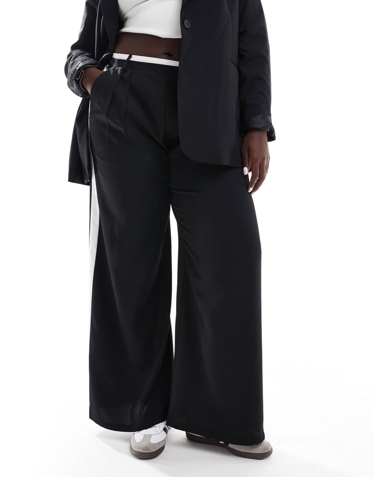 Yours contrast waistband side stripe wide leg trousers in black - ASOS Sample Sale