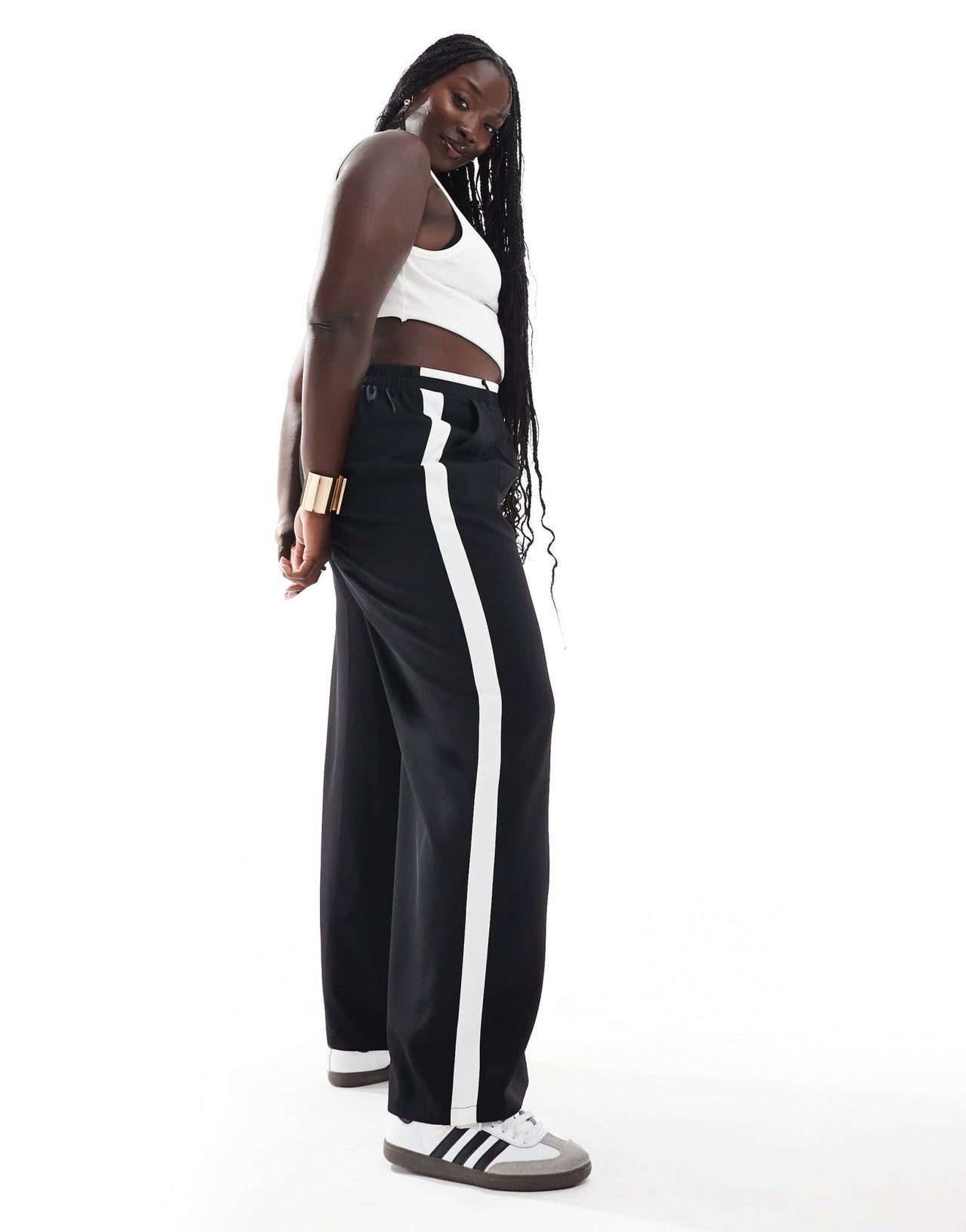 Yours contrast waistband side stripe wide leg trousers in black - ASOS Sample Sale
