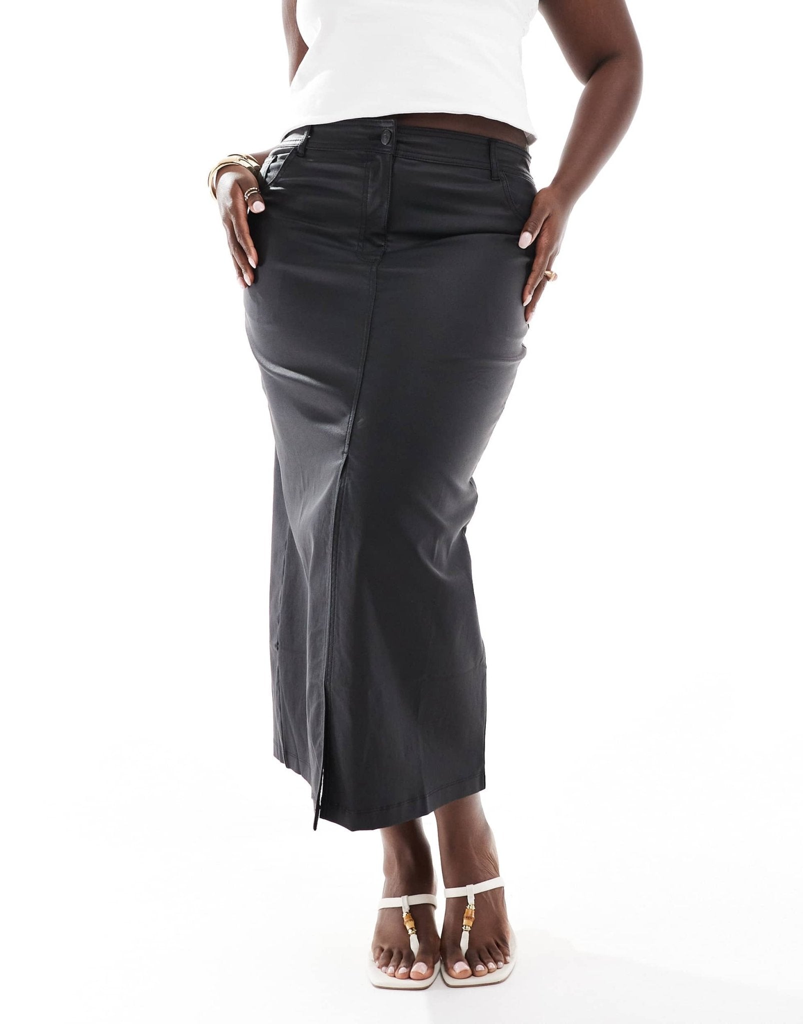 Yours PU midaxi skirt with front split in black - ASOS Sample Sale