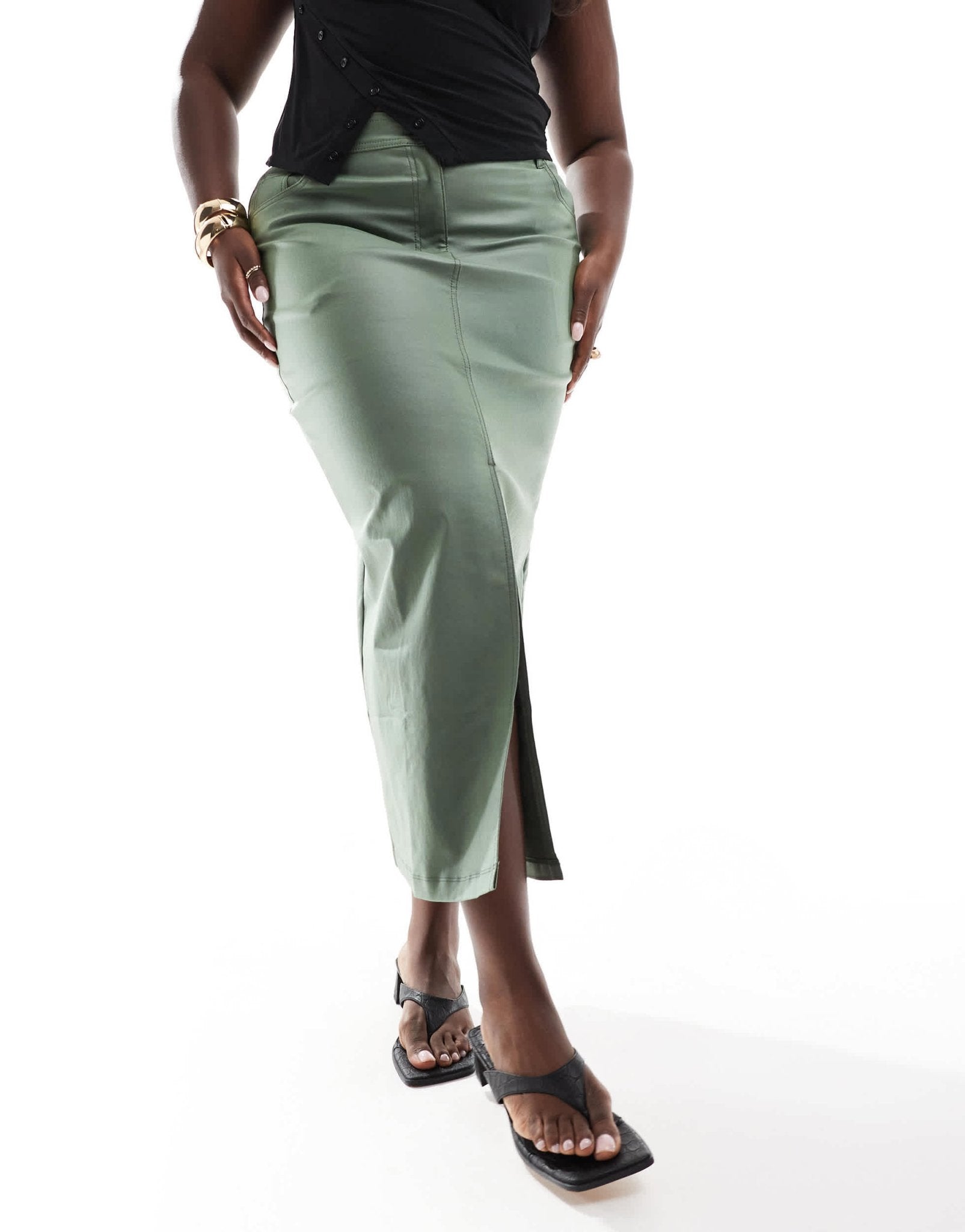 Yours PU midaxi skirt with front split in khaki - ASOS Sample Sale