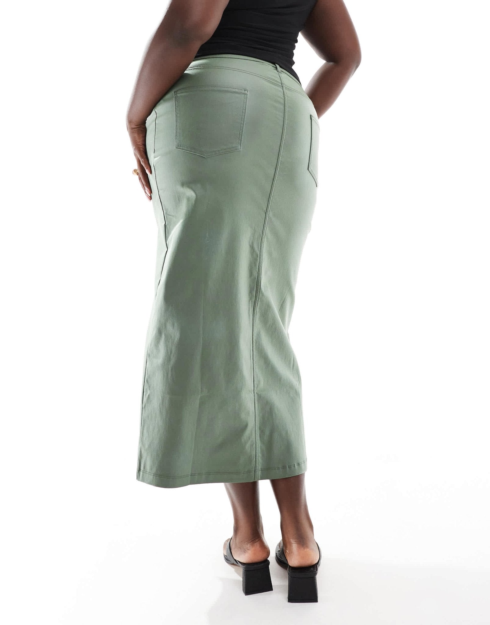 Yours PU midaxi skirt with front split in khaki - ASOS Sample Sale