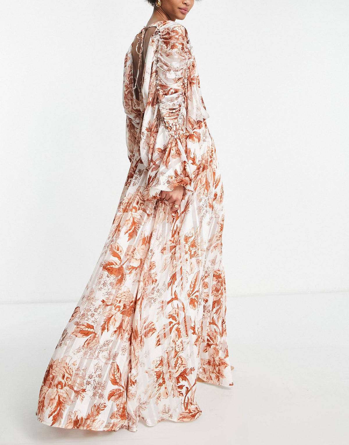 ASOS DESIGN Tall satin stripe blouson maxi dress with ring detail in floral print
