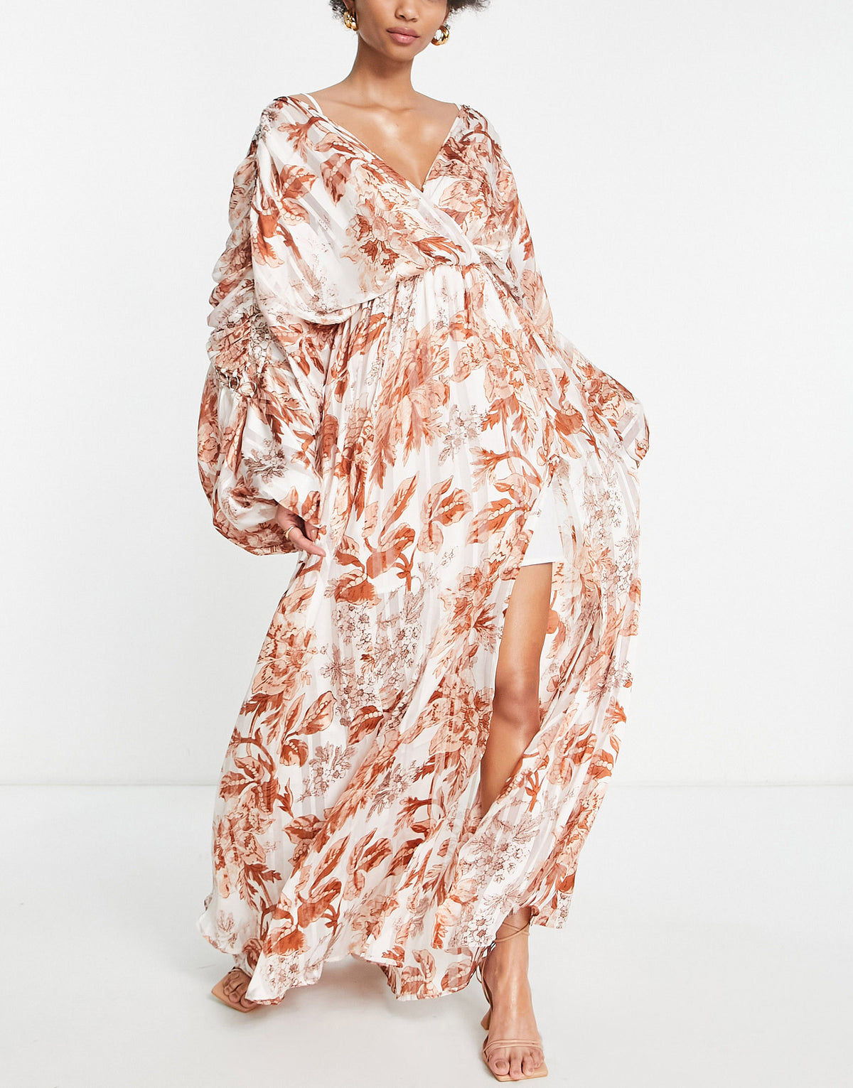 ASOS DESIGN Tall satin stripe blouson maxi dress with ring detail in floral print
