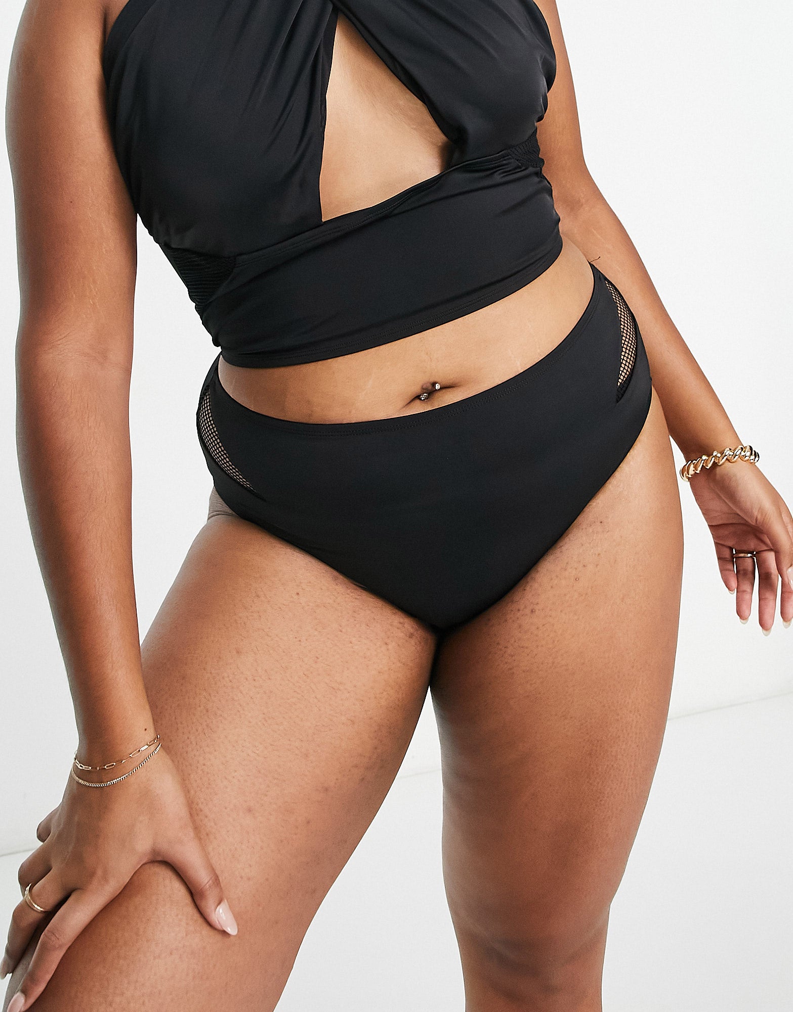We Are We Wear Plus mid rise bikini bottom with mesh inserts in black
