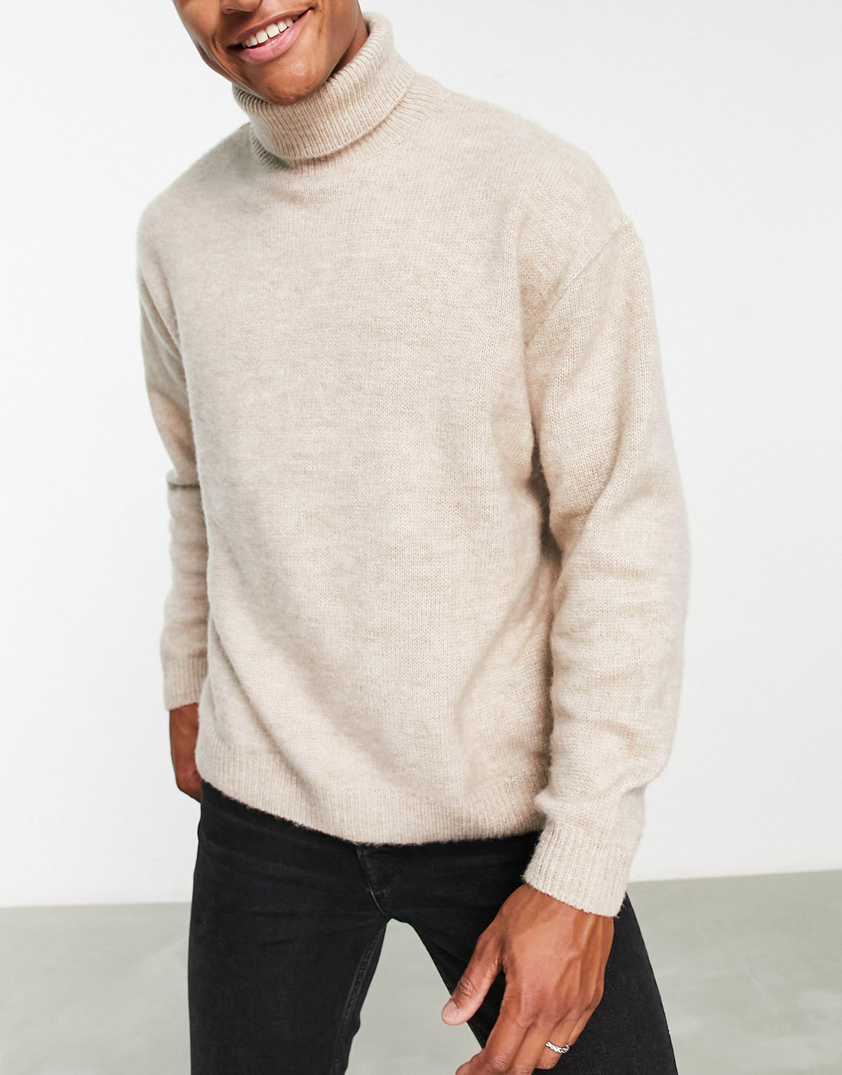 ASOS DESIGN fluffy knitted roll neck jumper in beige