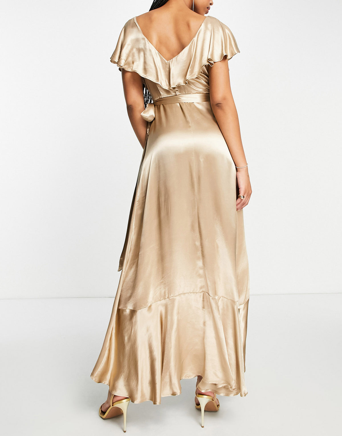 Topshop bridesmaid satin frill wrap dress in gold