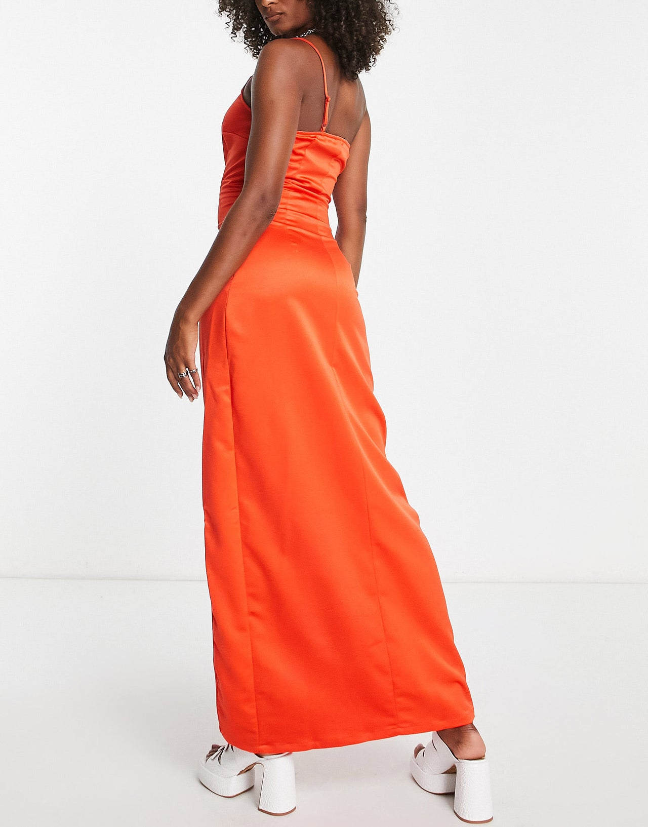 Extro & Vert Tall one shoulder maxi dress with split in rust satin