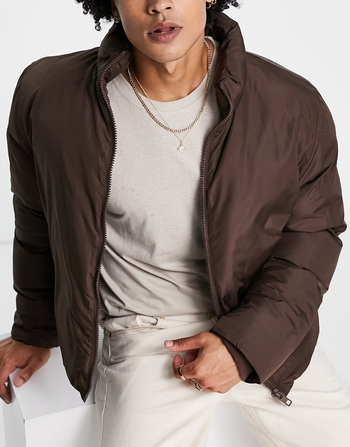 ASOS DESIGN cropped puffer jacket in brown