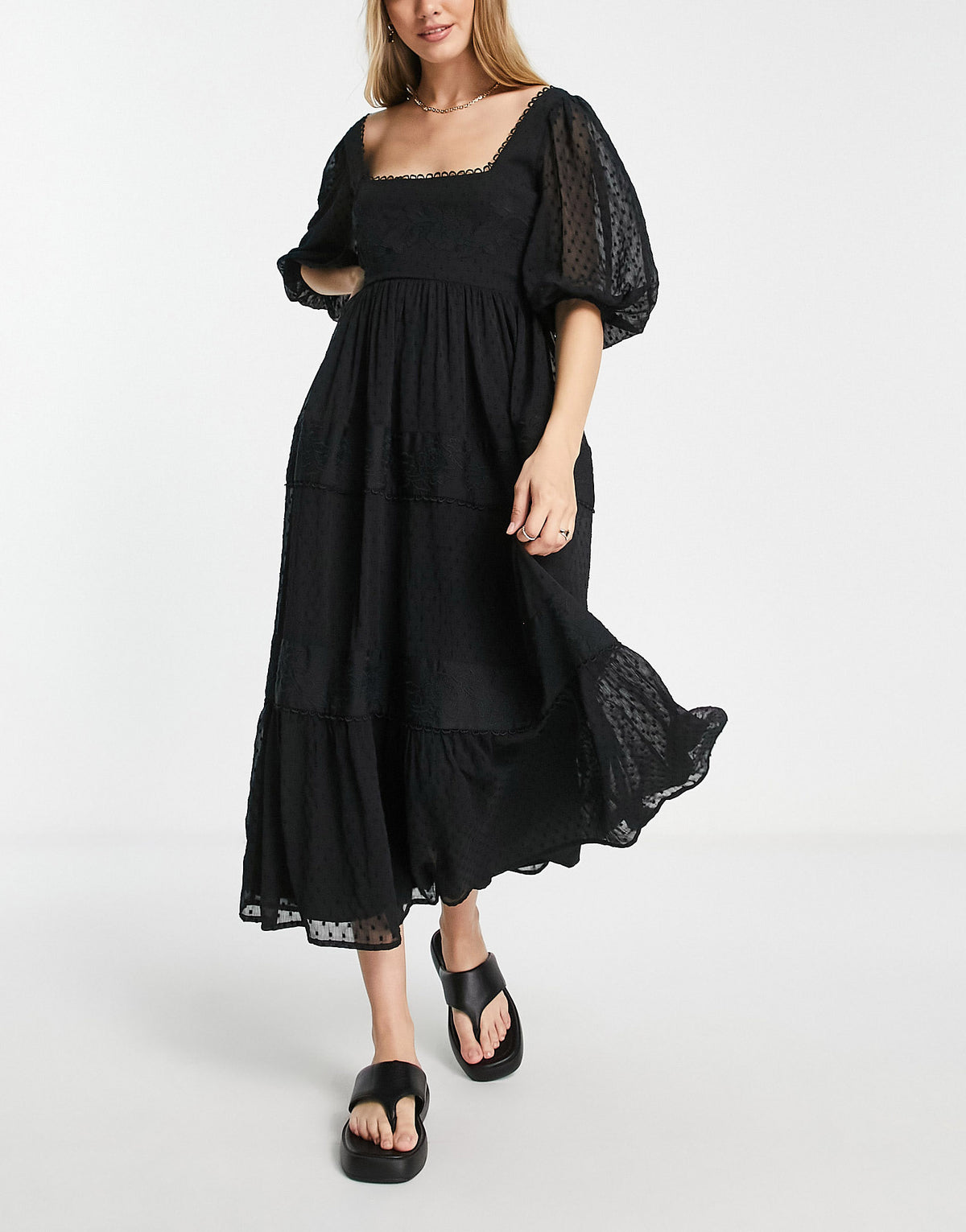 ASOS DESIGN embroidered square neck midi smock dress with lace up back in black