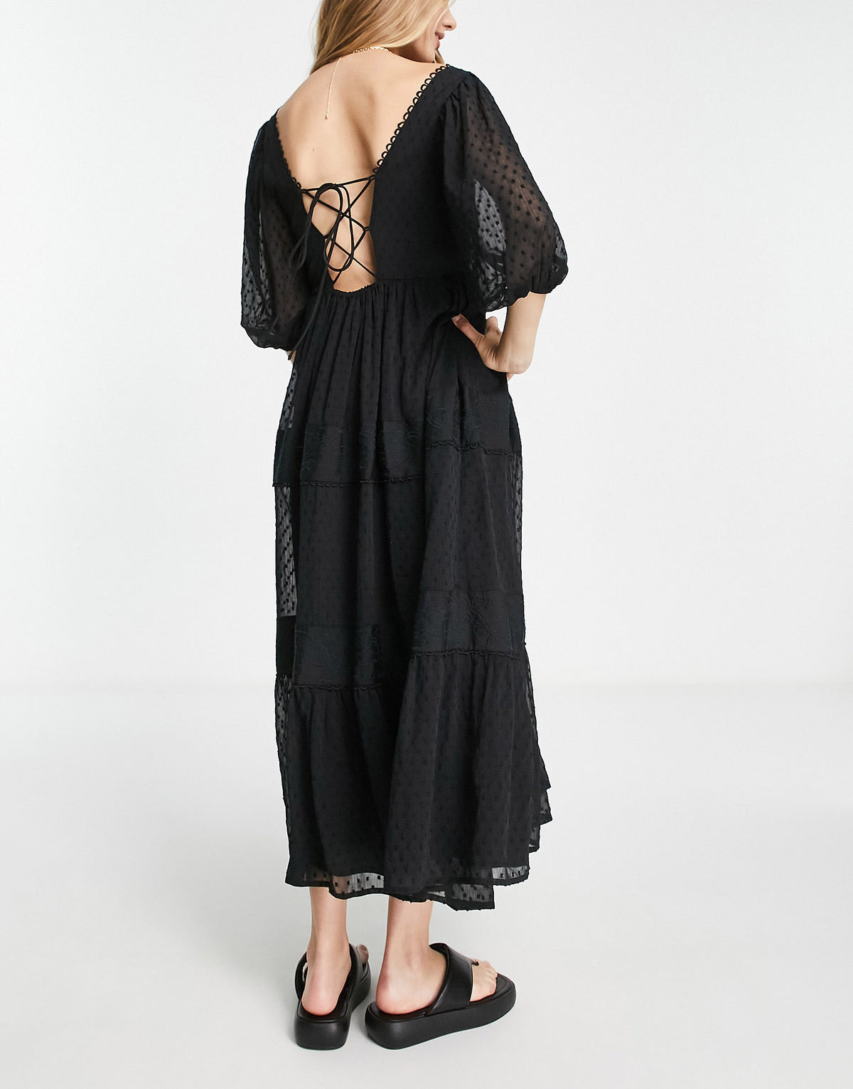 ASOS DESIGN embroidered square neck midi smock dress with lace up back in black
