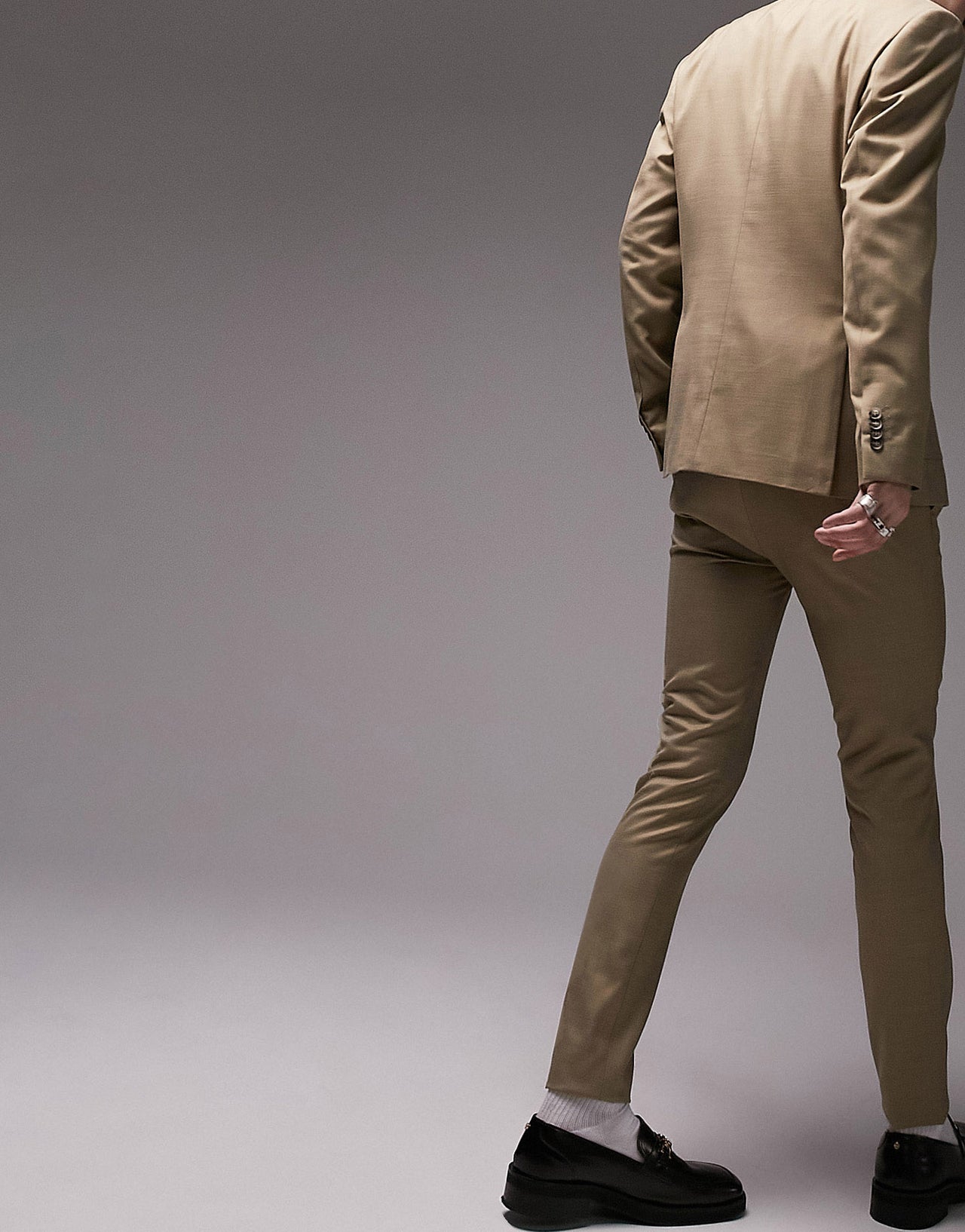 Topman super skinny double breasted wedding suit jacket in dark stone