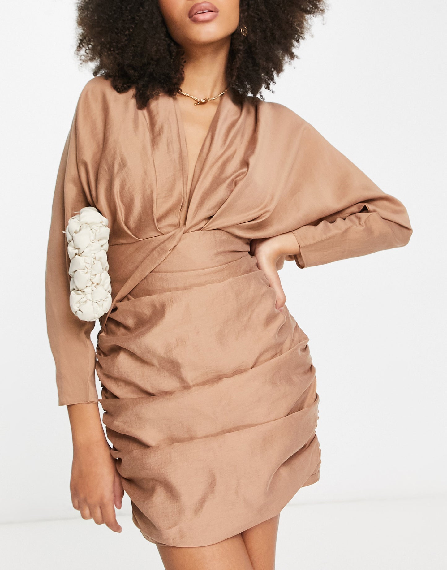 ASOS DESIGN washed twist front long sleeve mini dress with ruching in camel