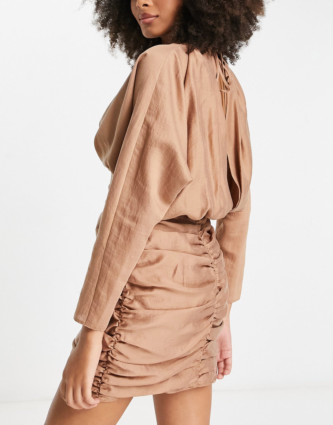 ASOS DESIGN washed twist front long sleeve mini dress with ruching in camel